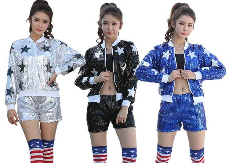 Sequined paillette modern dance women's men's girl's growth cheerleader school jazz hip hop dance costumes outfits.