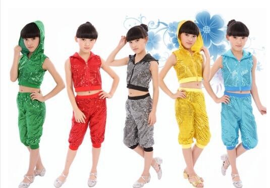 Kids Children Sequin Hip Hop Dance Costume Stage Jazz Dance Costumes Suit Girls Boys Crop Top With Hooded and Pants