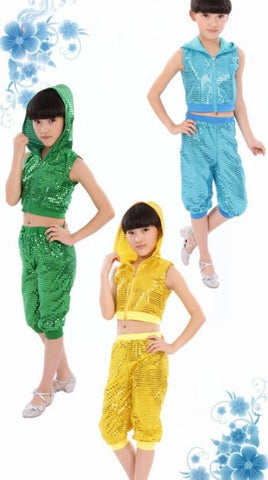 Kids Children Sequin Hip Hop Dance Costume Stage Jazz Dance Costumes Suit Girls Boys Crop Top With Hooded and Pants.