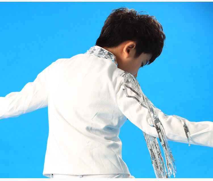 Fringed sequins lens white color boys Jazz Dance Costumes model show  stage performance costumes drummer singers stage performance clothes