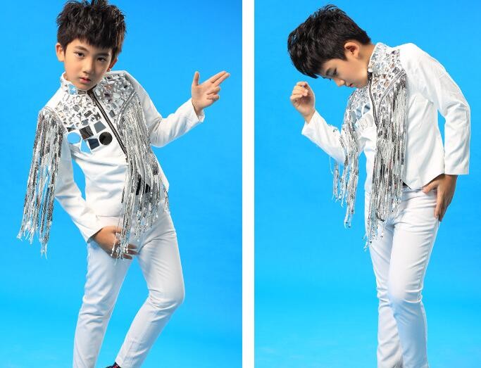 Fringed sequins lens white color boys Jazz Dance Costumes model show  stage performance costumes drummer singers stage performance clothes