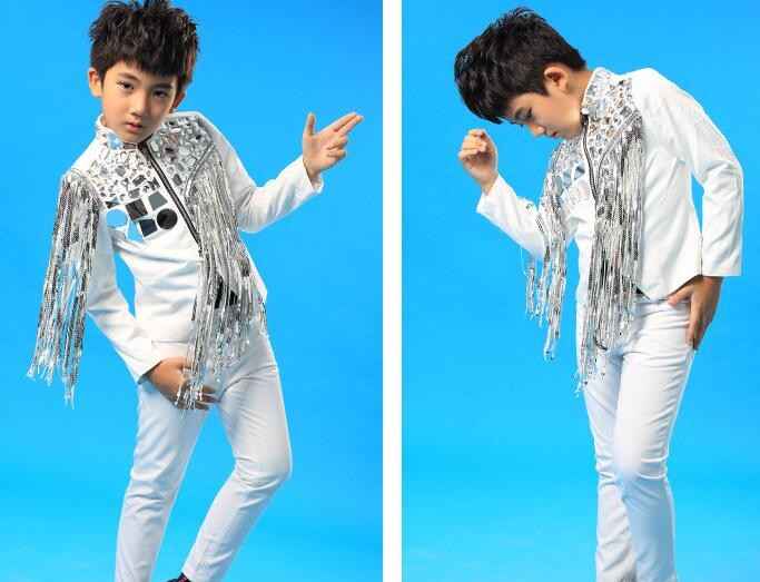 Fringed sequins lens white color boys Jazz Dance Costumes model show  stage performance costumes drummer singers stage performance clothes - Moderndancedress.com