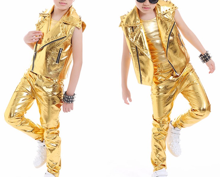 Boy gold leather jazz dance outfits for kids rivet gold glitter drummer model party drummer singers host stage performance model show competition costumes