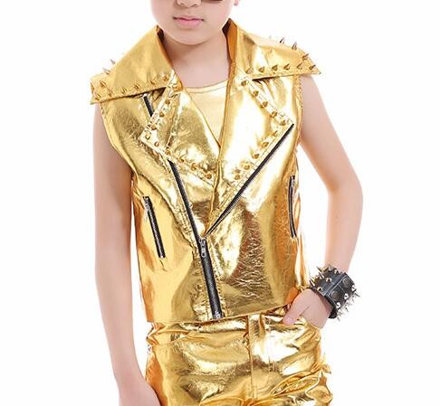 Boy gold leather jazz dance outfits for kids rivet gold glitter drummer model party drummer singers host stage performance model show competition costumes