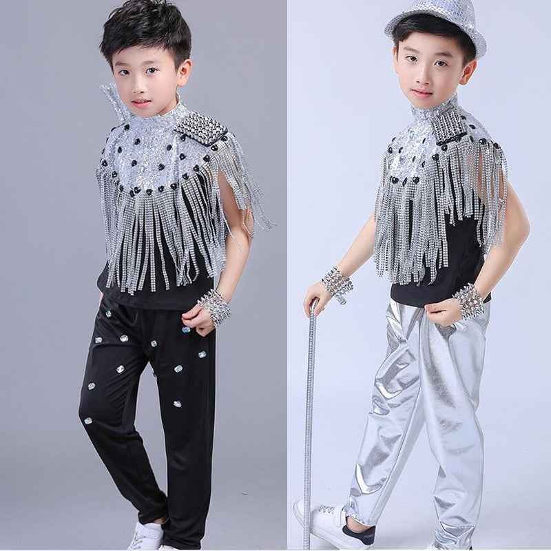 kids Modern Jazz Tassels dancing Costumes Sequined Girls short Sleeve Clothing Ballroom Hip Hop Stage Dancewear Outfits - Moderndancedress.com