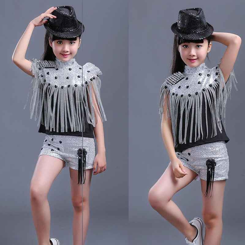 kids Modern Jazz Tassels dancing Costumes Sequined Girls short Sleeve Clothing Ballroom Hip Hop Stage Dancewear Outfits - Moderndancedress.com