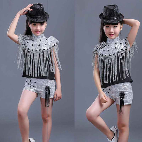 kids Modern Jazz Tassels dancing Costumes Sequined Girls short Sleeve Clothing Ballroom Hip Hop Stage Dancewear Outfits - Moderndancedress.com