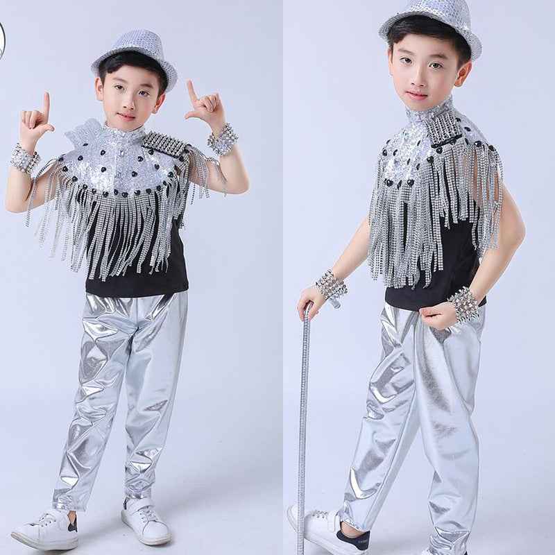 kids Modern Jazz Tassels dancing Costumes Sequined Girls short Sleeve Clothing Ballroom Hip Hop Stage Dancewear Outfits - Moderndancedress.com