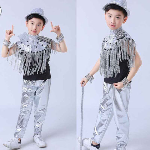 kids Modern Jazz Tassels dancing Costumes Sequined Girls short Sleeve Clothing Ballroom Hip Hop Stage Dancewear Outfits - Moderndancedress.com