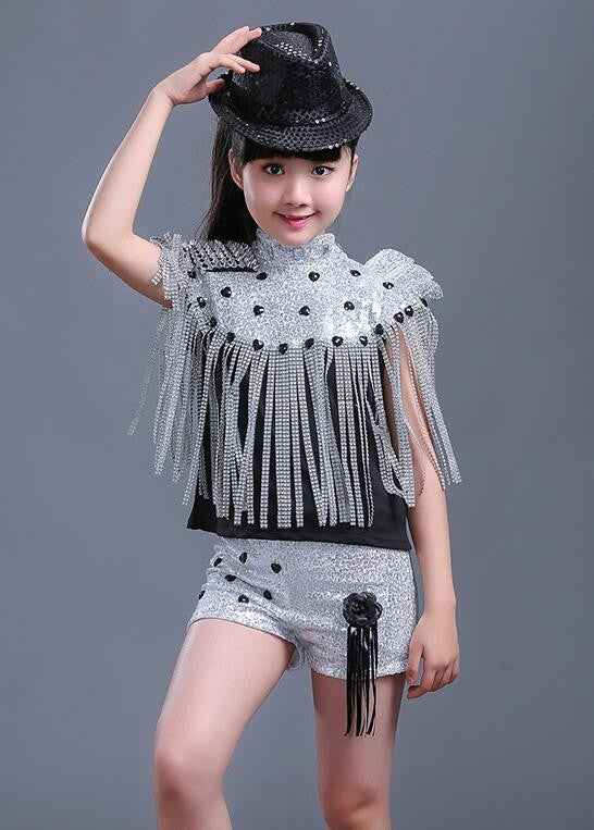 kids Modern Jazz Tassels dancing Costumes Sequined Girls short Sleeve Clothing Ballroom Hip Hop Stage Dancewear Outfits - Moderndancedress.com