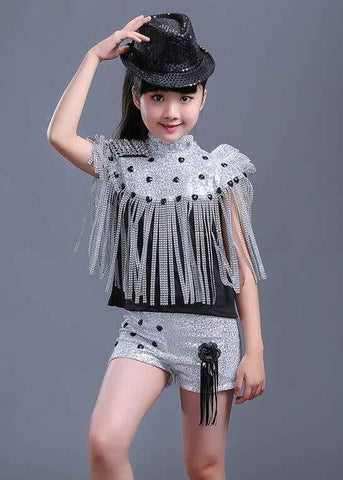 kids Modern Jazz Tassels dancing Costumes Sequined Girls short Sleeve Clothing Ballroom Hip Hop Stage Dancewear Outfits - Moderndancedress.com
