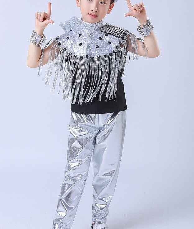 kids Modern Jazz Tassels dancing Costumes Sequined Girls short Sleeve Clothing Ballroom Hip Hop Stage Dancewear Outfits - Moderndancedress.com