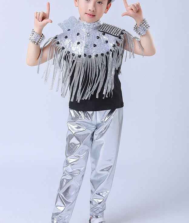 kids Modern Jazz Tassels dancing Costumes Sequined Girls short Sleeve Clothing Ballroom Hip Hop Stage Dancewear Outfits