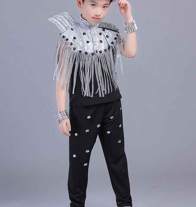 kids Modern Jazz Tassels dancing Costumes Sequined Girls short Sleeve Clothing Ballroom Hip Hop Stage Dancewear Outfits - Moderndancedress.com