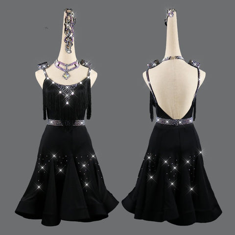 Women's black latin dresses competition rhinestones tassels latin dresses robe de compétition latine femme