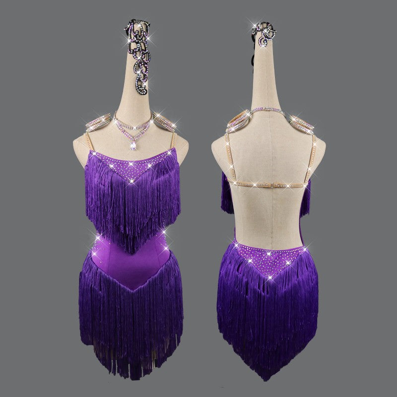 Purple fringes competition latin dresses for women salsa chacha dance dress robe latine pour femme