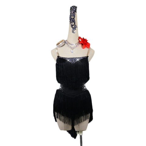 Women's tassels black latin dance dress rhinestones competition salsa rumba cha cha latin dance dress vestito latino per donna - Moderndancedress.com