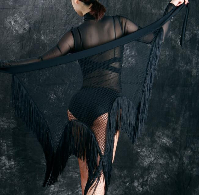 Women tassels black latin skirt salsa rumba chacha latin practice hip scarf wrap mesh skirts écharpe hanche danse latine