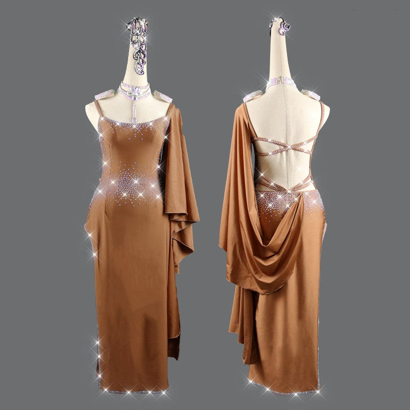 Women's coffee color competition latin dance dresses robe de danse latine pour femme - Moderndancedress.com