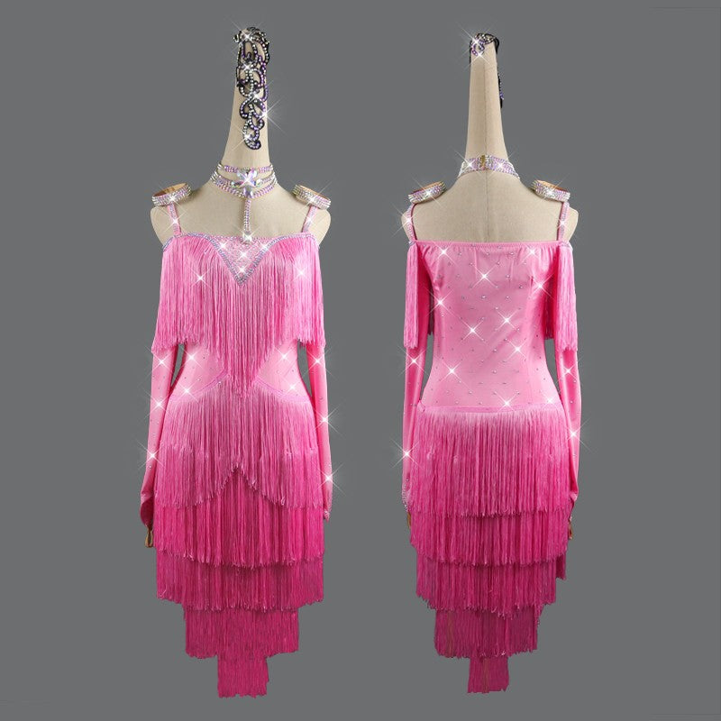 Pink tassel competition  Latin dance rhinestones dress for women robe de danse latine rose pour femme - Moderndancedress.com
