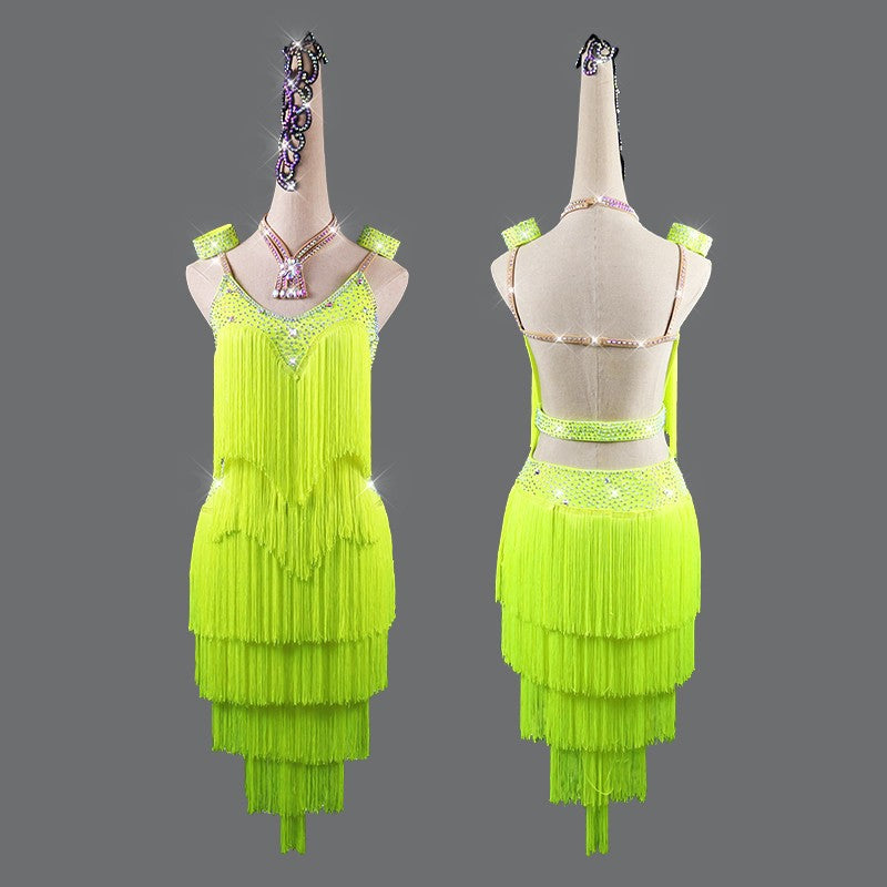 Neon green Latin dance tassel dress competition dance costume for women robe latine