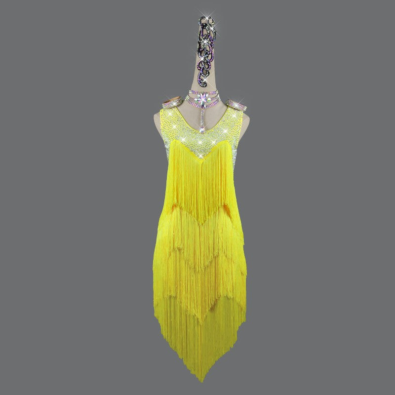 Women's competition yellow latin dance dress salsa chacha dance dress robe latine compétition jaune - Moderndancedress.com