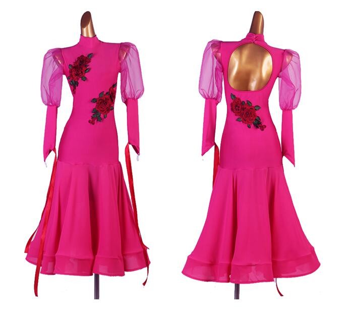 Women fuchsia rose flowers ballroom latin dance dress modern dance salsa rumba dance dress robe de danse latine pour femme - Moderndancedress.com