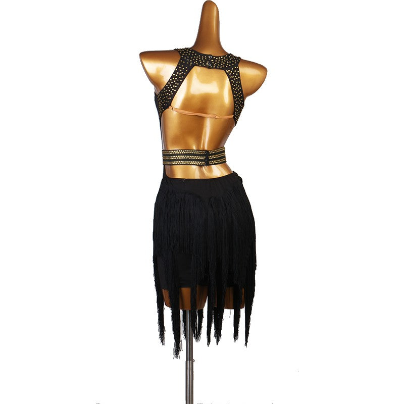 Gold rhinestones competition latin dance dresses for female abito nero da competizione nero - Moderndancedress.com