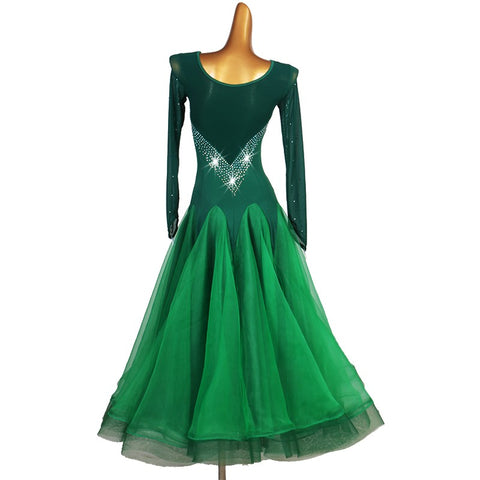 Dark green rhinestones ballroom dance dress waltz tango dance dress for female vestito da ballo da sala verde scuro