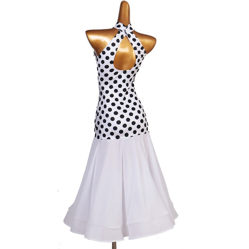 White polka dot ballroom dance dress for women tango waltz dance dress vestido de baile de lunares blanco - Moderndancedress.com