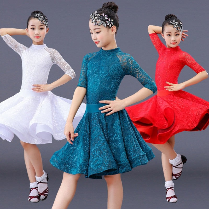 girls white red green latin ballroom dance dress competition latin costumes for children girls competition ballroom skirt tango salsa dancewear practice wear - Moderndancedress.com