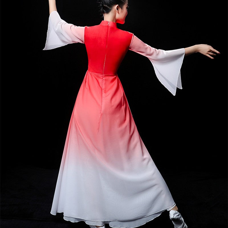 Women red gradient chinese folk dance dresses fairy princess dress chinese ancient traditional yangko fan umbrella dance costumes for lady - Moderndancedress.com