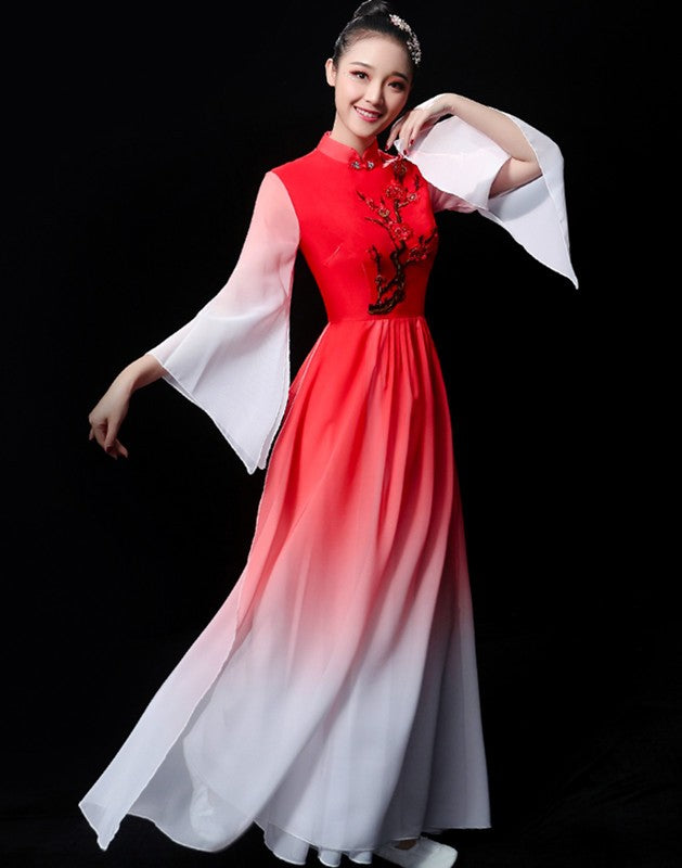 Women red gradient chinese folk dance dresses fairy princess dress chinese ancient traditional yangko fan umbrella dance costumes for lady