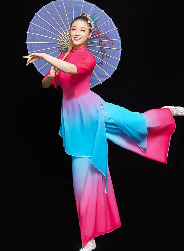 Chinese Classical folk dance costume female pink with blue Chinese style solo dance modern fan umbrella dance yangko costume ethnic dance costume - Moderndancedress.com