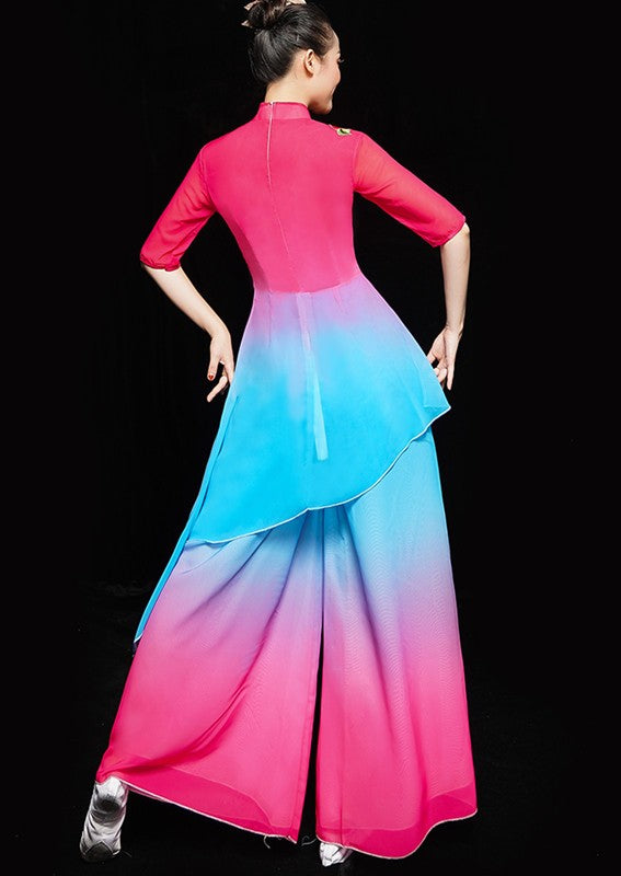 Chinese Classical folk dance costume female pink with blue Chinese style solo dance modern fan umbrella dance yangko costume ethnic dance costume - Moderndancedress.com
