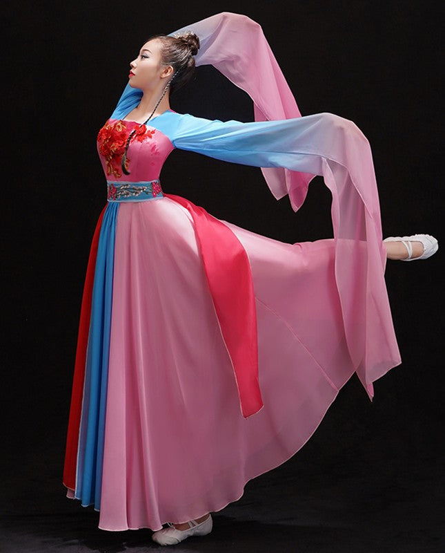 Chinese folk Classical dance costumes Female Plucking Dance Costume Hanfu Chinese waterfall Sleeve Thrilling classical Dance fairy dresses - Moderndancedress.com
