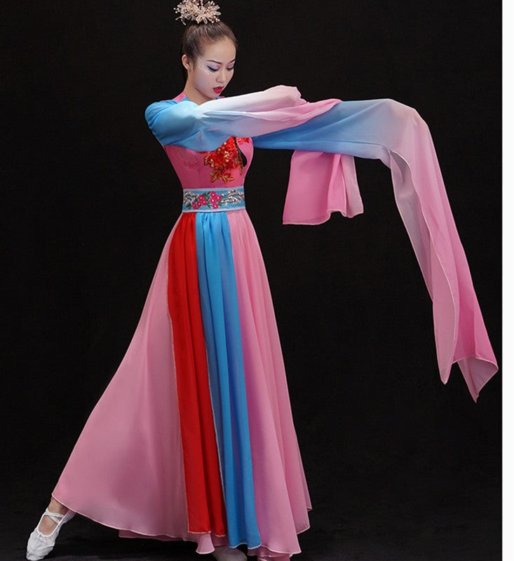 Chinese folk Classical dance costumes Female Plucking Dance Costume Hanfu Chinese waterfall Sleeve Thrilling classical Dance fairy dresses