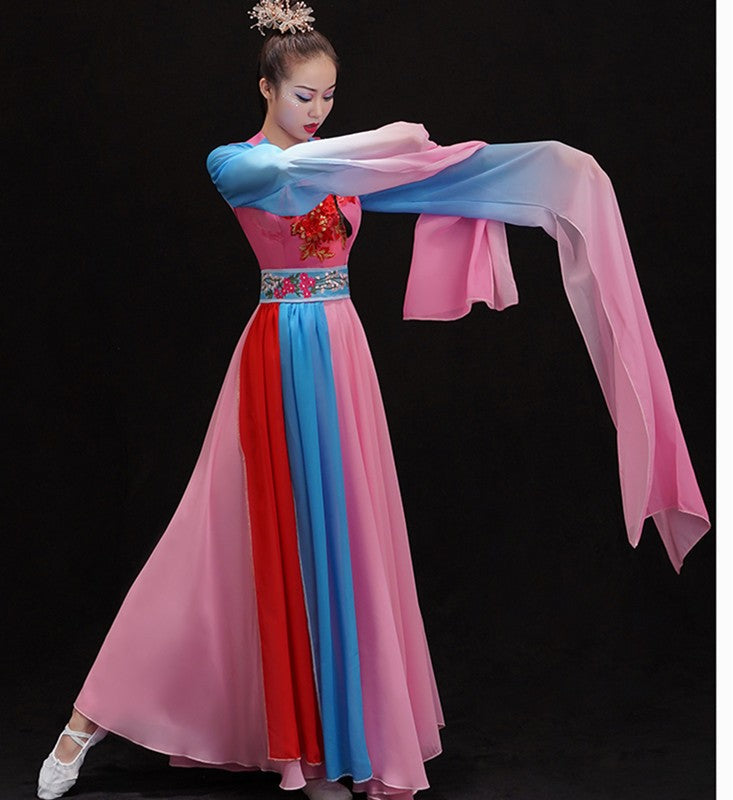 Chinese folk Classical dance costumes Female Plucking Dance Costume Hanfu Chinese waterfall Sleeve Thrilling classical Dance fairy dresses - Moderndancedress.com