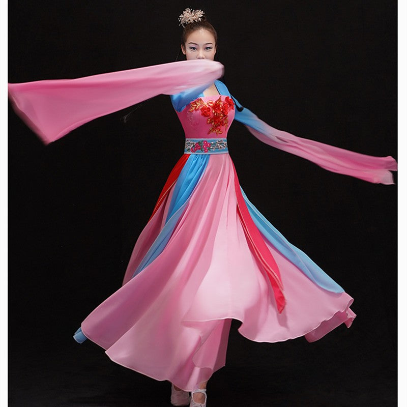 Chinese folk Classical dance costumes Female Plucking Dance Costume Hanfu Chinese waterfall Sleeve Thrilling classical Dance fairy dresses - Moderndancedress.com