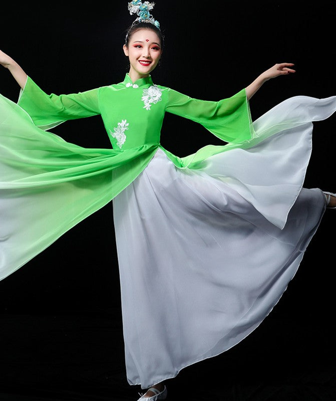 Green color hanfu Chinese folk Classical dance costume chorus performance wear female traditional yangko Fan dance umbrella dance fairy dresses - Moderndancedress.com