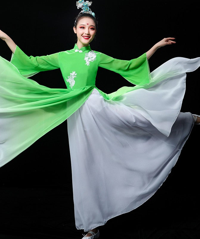 Green color hanfu Chinese folk Classical dance costume chorus performance wear female traditional yangko Fan dance umbrella dance fairy dresses