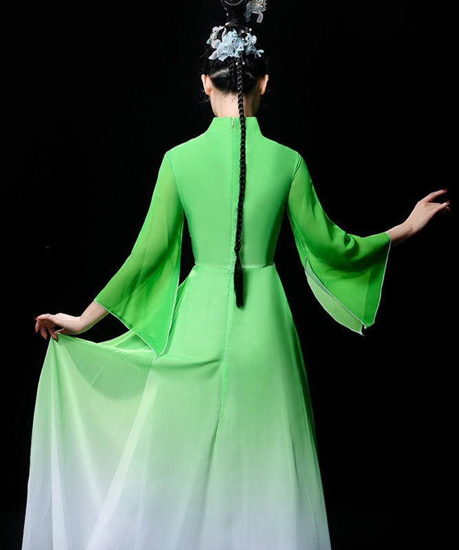 Green color hanfu Chinese folk Classical dance costume chorus performance wear female traditional yangko Fan dance umbrella dance fairy dresses - Moderndancedress.com