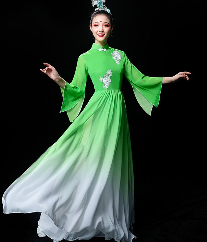 Green color hanfu Chinese folk Classical dance costume chorus performance wear female traditional yangko Fan dance umbrella dance fairy dresses - Moderndancedress.com