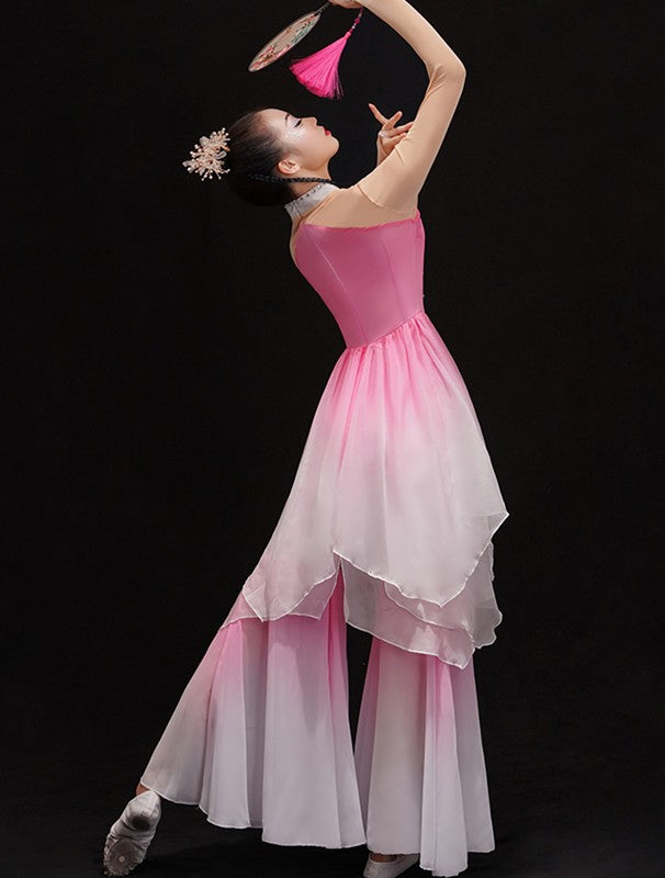 Pink gradient chinese Classical dance clothes female fan umbrella dance performance dresses Yangko dance costumes Modern solo dance wear - Moderndancedress.com