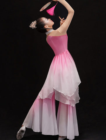 Pink gradient chinese Classical dance clothes female fan umbrella dance performance dresses Yangko dance costumes Modern solo dance wear