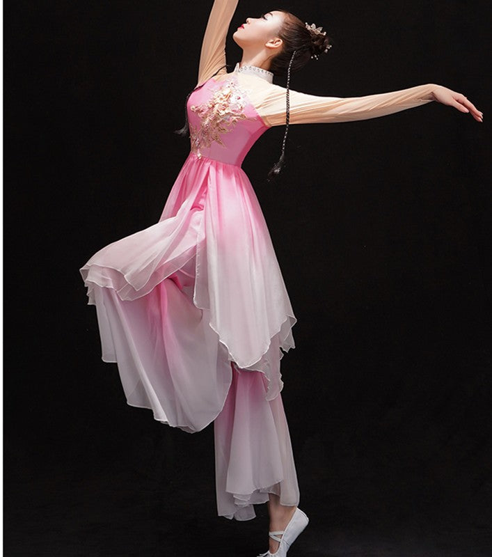 Pink gradient chinese Classical dance clothes female fan umbrella dance performance dresses Yangko dance costumes Modern solo dance wear - Moderndancedress.com