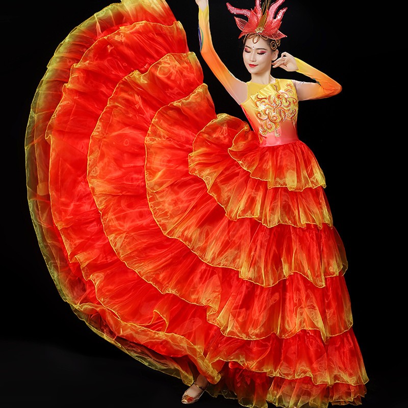 Flamenco Dance dress for women pink green red petals paso double sapnish bull dance dress big swing skirt opening dance chorus ballroom dance dress - Moderndancedress.com