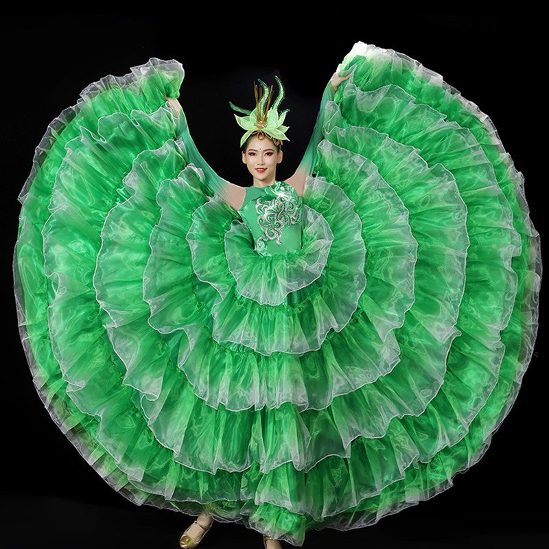 Flamenco Dance dress for women pink green red petals paso double sapnish bull dance dress big swing skirt opening dance chorus ballroom dance dress - Moderndancedress.com