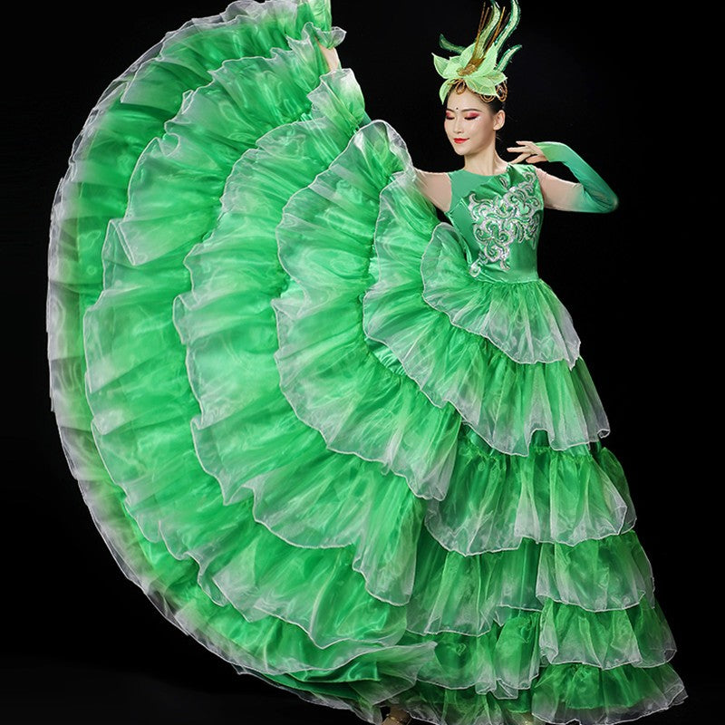 Flamenco Dance dress for women pink green red petals paso double sapnish bull dance dress big swing skirt opening dance chorus ballroom dance dress - Moderndancedress.com