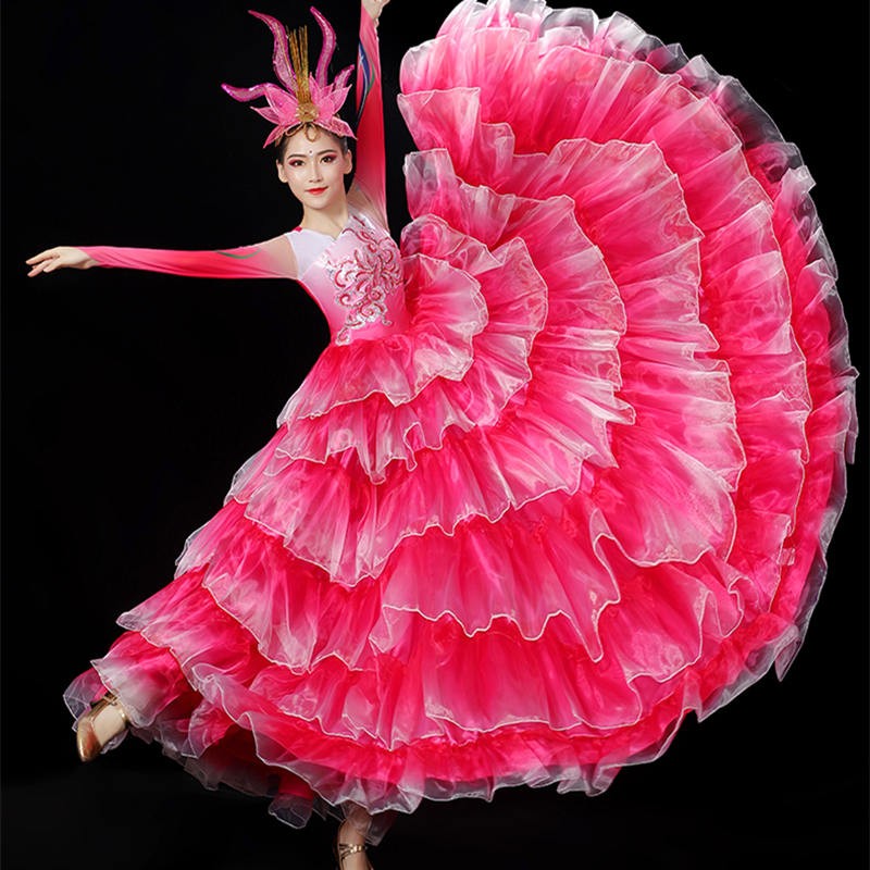 Flamenco Dance dress for women pink green red petals paso double sapnish bull dance dress big swing skirt opening dance chorus ballroom dance dress - Moderndancedress.com